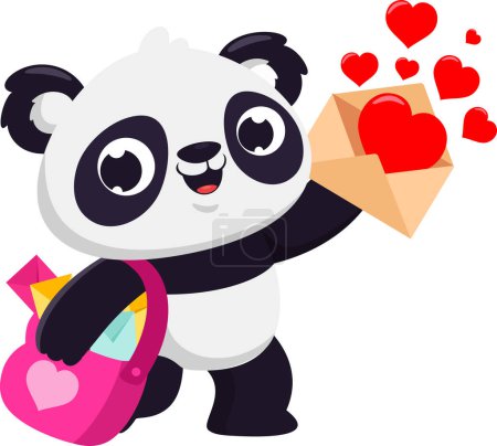 Illustration for Cute Valentine Panda Bear Postman Cartoon Character With Love Letters. Vector Illustration Flat Design Isolated On Transparent Background - Royalty Free Image