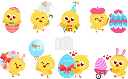 Illustration for Set of Cute Yellow Chick Cartoon Character With Text Happy Easter. Vector Illustration Flat Design Isolated On Transparent Background - Royalty Free Image