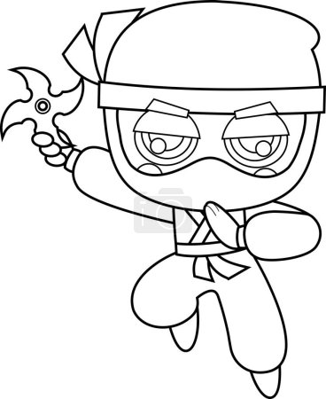 Illustration for Cute ninja boy warrior cartoon character jumping with shuriken - Royalty Free Image