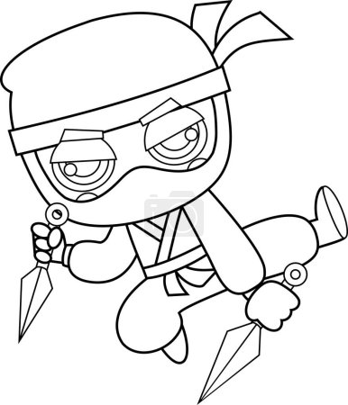 Téléchargez les illustrations : Mignon ninja garçon guerrier personnage de dessin animé sauter avec deux kunai lancer des couteaux - en licence libre de droit