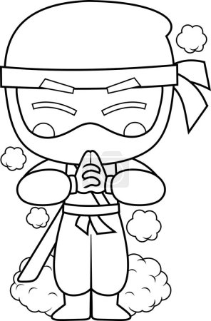 Illustration for Cute ninja boy warrior cartoon character uses the technique of emitting smoke - Royalty Free Image