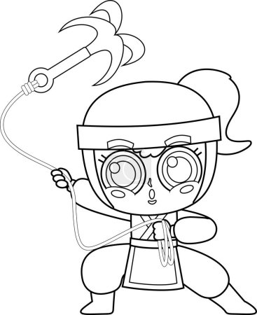 Téléchargez les illustrations : Mignon ninja fille guerrier personnage de dessin animé tenant crochet grappin. Illustration vectorielle design plat - en licence libre de droit