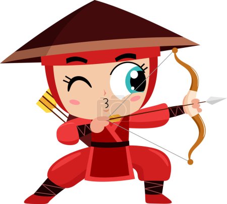 Illustration for Cute ninja girl warrior cartoon character with bow and arrow. Vector illustration flat design - Royalty Free Image