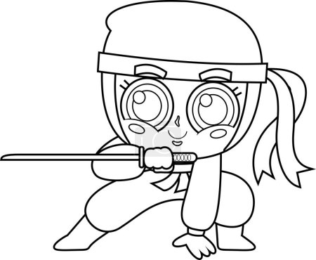 Illustration for Cute ninja girl warrior cartoon character with katana sword in action. Vector illustration flat design - Royalty Free Image