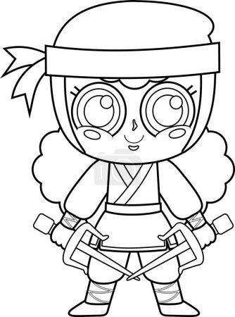 Ilustración de Linda chica ninja guerrero personaje de dibujos animados con dos cuchillos sai. Ilustración vectorial diseño plano - Imagen libre de derechos