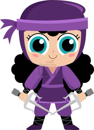 Téléchargez les illustrations : Mignon ninja fille guerrier personnage de dessin animé avec deux couteaux sai. Illustration vectorielle design plat - en licence libre de droit