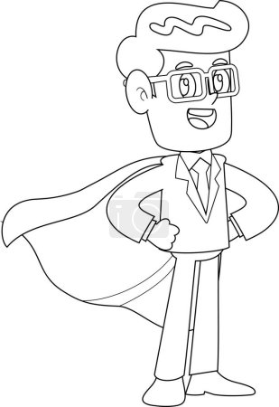 Ilustración de Personaje de dibujos animados de hombre de negocios delineado que lleva una ilustración dibujada a mano del vector del cabo del superhéroe aislada en un fondo transparente - Imagen libre de derechos