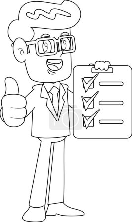 Illustration for Outlined Happy Businessman Cartoon Character Holding Clipboard And Giving Thumbs Up. Vector Hand Drawn Illustration Isolated On Transparent Background - Royalty Free Image
