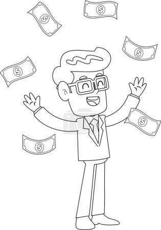 Ilustración de Delineado Lucky Empresario Personaje de dibujos animados se destaca con los brazos hacia fuera como el dinero cae. Ilustración dibujada a mano vectorial aislada sobre fondo transparente - Imagen libre de derechos