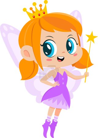 Illustration for Cute Tooth Fairy Girl Cartoon Character Flying With Magic Wand. Vector Illustration Flat Design Isolated On Transparent Background - Royalty Free Image