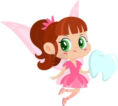 Illustration for Cute Tooth Fairy Girl Cartoon Character Flying With Tooth. Vector Illustration Flat Design Isolated On Transparent Background - Royalty Free Image