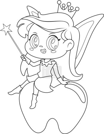 Illustration for Outlined Cute Tooth Fairy Girl Cartoon Character Sitting On Tooth With Magic Wand. Vector Hand Drawn Illustration Isolated On Transparent Background - Royalty Free Image