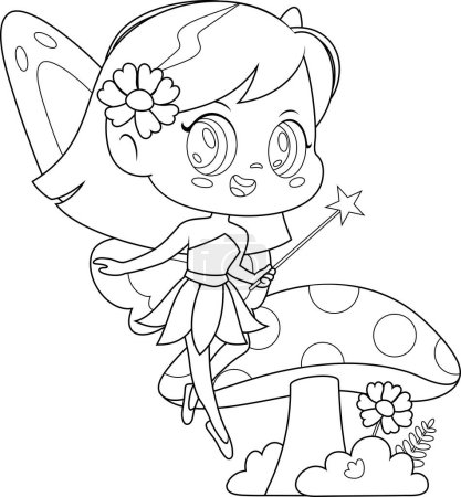 Illustration for Outlined Cute Tooth Fairy Girl Cartoon Character Flying With Magic Wand. Vector Hand Drawn Illustration Isolated On Transparent Background - Royalty Free Image