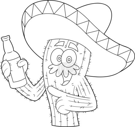 Téléchargez les illustrations : Caractère de bande dessinée de cactus mexicain esquissé tenant une bouteille de bière et pointant du doigt. Illustration dessinée à la main vectorielle isolée sur fond transparent - en licence libre de droit