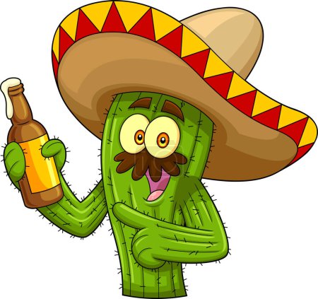 Ilustración de Carácter de dibujos animados de cactus mexicano sosteniendo una botella de cerveza y señalando. Ilustración dibujada a mano vectorial aislada sobre fondo transparente - Imagen libre de derechos