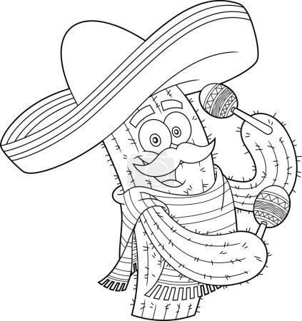 Ilustración de Cactus Mexicano Delineado Personaje de Dibujos Animados Sacudiendo Maracas. Ilustración dibujada a mano vectorial aislada sobre fondo transparente - Imagen libre de derechos