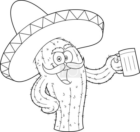 Ilustración de Delineado Feliz Cactus Mexicano Personaje de dibujos animados sosteniendo un vaso de cerveza. Ilustración dibujada a mano vectorial aislada sobre fondo transparente - Imagen libre de derechos