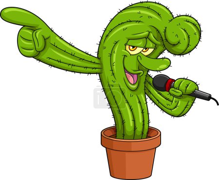 Illustration for Funny Cactus Cartoon Character In Pot Singing Into A Microphone. Vector Hand Drawn Illustration Isolated On Transparent Background - Royalty Free Image