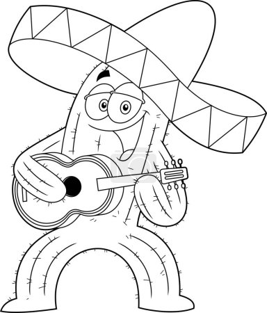 Ilustración de Delineado Cactus mexicano feliz personaje de dibujos animados cantando y tocando una guitarra. Ilustración dibujada a mano vectorial aislada sobre fondo transparente - Imagen libre de derechos