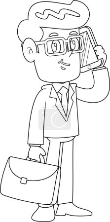 Illustration for Outlined Businessman Cartoon Character Talking On The Phone. Vector Illustration Flat Design Isolated On Transparent Background - Royalty Free Image