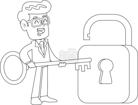Illustration for Outlined Businessman Cartoon Character Holding Golden Key To Unlock Secret Lock To Success. Vector Illustration Flat Design Isolated On Transparent Background - Royalty Free Image