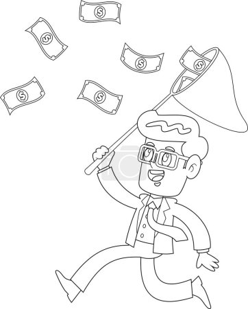 Illustration for Outlined Happy Businessman Cartoon Character Chasing Flying Money With A Net. Vector Illustration Flat Design Isolated On Transparent Background - Royalty Free Image