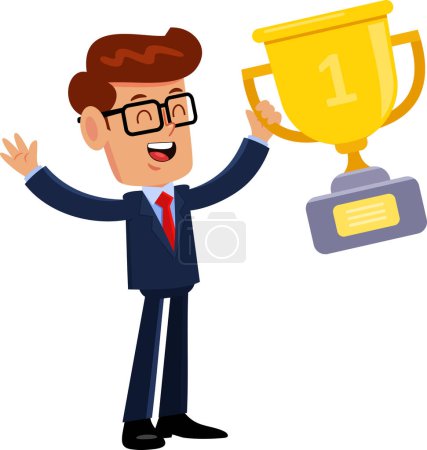 Illustration for Celebrating Businessman Cartoon Character Holding Winner Cup Trophy. Vector Illustration Flat Design Isolated On Transparent Background - Royalty Free Image