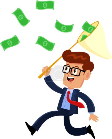 Illustration for Happy Businessman Cartoon Character Chasing Flying Money With A Net. Vector Illustration Flat Design Isolated On Transparent Background - Royalty Free Image