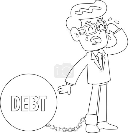 Ilustración de Delineado llanto Empresario personaje de dibujos animados encadenado con gran bola de la deuda. Ilustración vectorial Diseño plano aislado sobre fondo transparente - Imagen libre de derechos