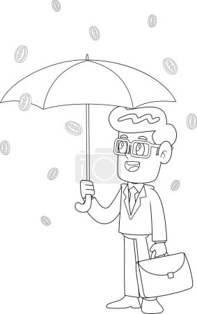 Illustration for Outlined  Businessman Cartoon Character With Umbrella Under A Rain Of Coins. Vector Illustration Flat Design Isolated On Transparent Background - Royalty Free Image