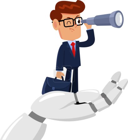 Illustration for Businessman Cartoon Character With A Handheld Telescope On Robot Arm. Vector Illustration Flat Design Isolated On Transparent Background - Royalty Free Image