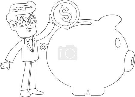 Ilustración de Esbozado Empresario Personaje de dibujos animados Putting Coin In Piggy Bank. Ilustración vectorial Diseño plano aislado sobre fondo transparente - Imagen libre de derechos