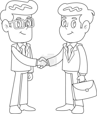 Illustration for Outlined Businessmen Cartoon Characters Shaking Hands At Meeting. Vector Illustration Flat Design Isolated On Transparent Background - Royalty Free Image