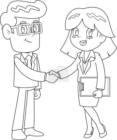 Illustration for Outlined Business Man And Woman Cartoon Characters Shaking Hands At Meeting. Vector Illustration Flat Design Isolated On Transparent Background - Royalty Free Image