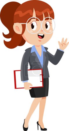 Ilustración de Personaje de dibujos animados de mujer de negocios con portapapeles ondeando. Ilustración vectorial Diseño plano aislado sobre fondo transparente - Imagen libre de derechos