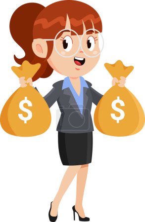 Ilustración de Mujer de Negocios Personaje de dibujos animados Holding Dollar Money Bags. Ilustración vectorial Diseño plano aislado sobre fondo transparente - Imagen libre de derechos