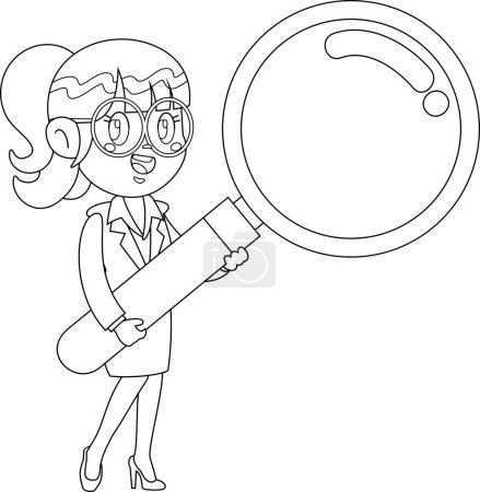 Ilustración de Personaje de dibujos animados de mujer de negocios delineado con lupa grande. Ilustración vectorial Diseño plano aislado sobre fondo transparente - Imagen libre de derechos