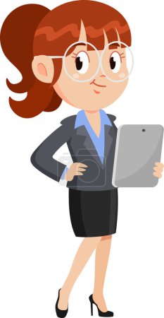 Ilustración de Mujer de negocios confiado personaje de dibujos animados sosteniendo una tableta PC. Ilustración vectorial Diseño plano aislado sobre fondo transparente - Imagen libre de derechos