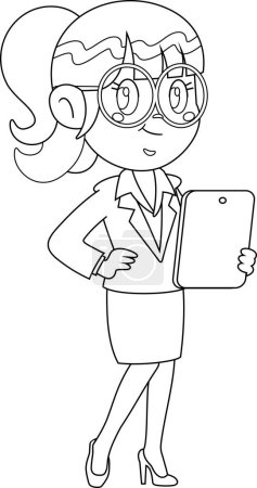 Illustration for Outlined Confident Business Woman Cartoon Character Holding A Tablet PC. Vector Illustration Flat Design Isolated On Transparent Background - Royalty Free Image