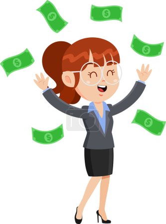Illustration for Happy Business Woman Cartoon Character Tossing Money Up In The Air. Vector Illustration Flat Design Isolated On Transparent Background - Royalty Free Image