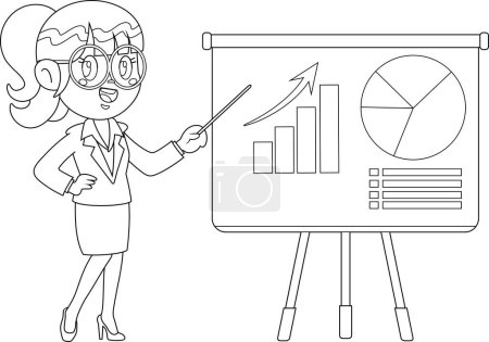 Ilustración de Outlined Business Woman Cartoon Character Apinting Progressive Pie Chart On A Board (en inglés). Ilustración vectorial Diseño plano aislado sobre fondo transparente - Imagen libre de derechos