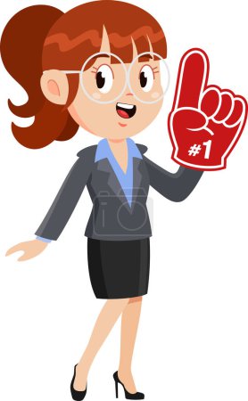 Illustration for Business Woman Cartoon Character Showing Number One With Foam Finger. Vector Illustration Flat Design Isolated On Transparent Background - Royalty Free Image