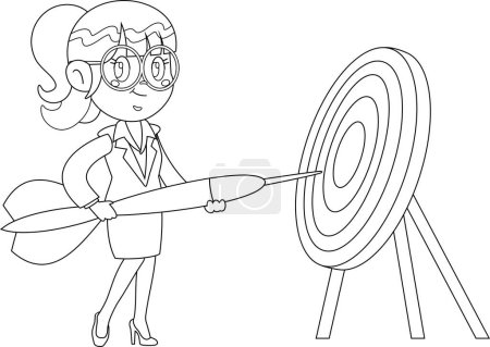 Illustration for Outlined Business Woman Cartoon Character Holding Dart Arrow At Target. Vector Illustration Flat Design Isolated On Transparent Background - Royalty Free Image