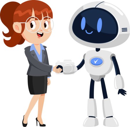 Téléchargez les illustrations : Femme d'affaires et AI Robot personnages de bande dessinée Serrant la main à la réunion. Illustration vectorielle Design plat isolé sur fond transparent - en licence libre de droit