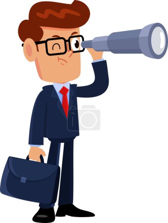 Illustration for Businessman Cartoon Character With A Handheld Telescope. Vector Illustration Flat Design Isolated On Transparent Background - Royalty Free Image