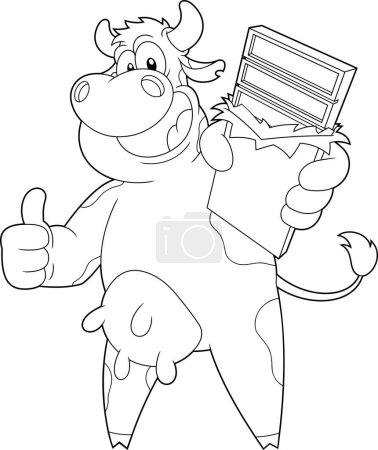 Illustration for Cow Cartoon Character Presenting A Chocolate Bar And Giving The Thumb Up. Vector Hand Drawn Illustration Isolated On Transparent Background - Royalty Free Image