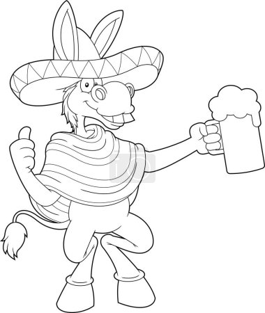 Illustration for Mexican Donkey Cartoon Character Holding A Mug Of Beer And Giving The Thums Up. Vector Hand Drawn Illustration Isolated On Transparent Background - Royalty Free Image