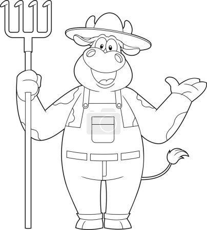 Téléchargez les illustrations : Happy Cow Farmer personnage de bande dessinée tenant un râteau. Illustration dessinée à la main vectorielle isolée sur fond transparent - en licence libre de droit