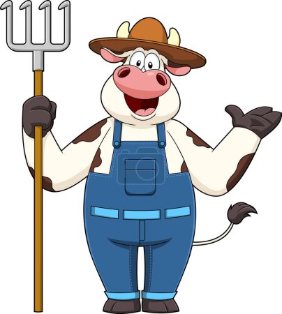 Téléchargez les illustrations : Happy Cow Farmer personnage de bande dessinée tenant un râteau. Illustration dessinée à la main vectorielle isolée sur fond transparent - en licence libre de droit