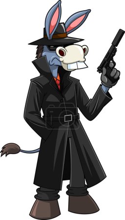 Illustration for Donkey Spy Secret Agent Cartoon Character Holding A Gun. Vector Hand Drawn Illustration Isolated On Transparent Background - Royalty Free Image